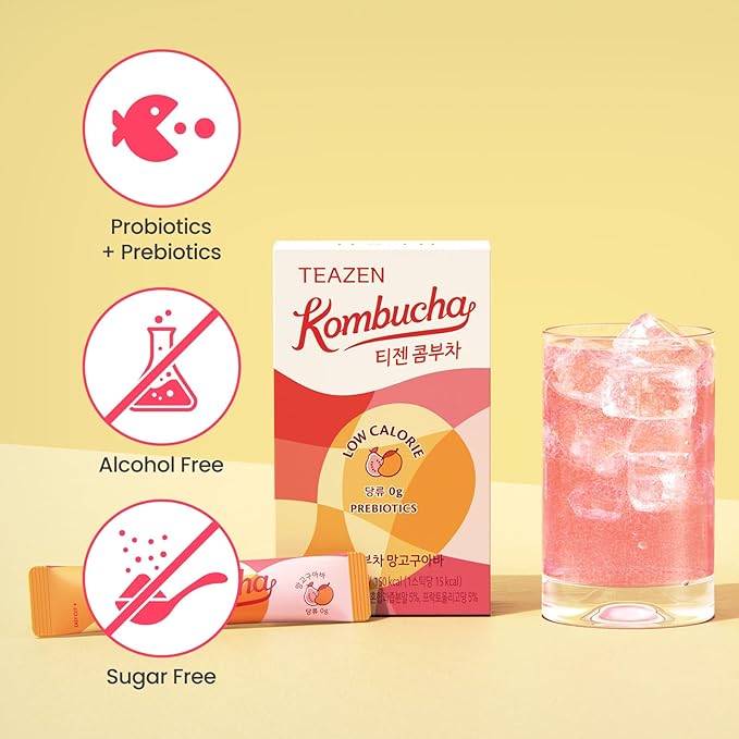TEAZEN Mango Guava Kombucha Tea, Hydration Drink Mix, Sugar Free, Live Probiotics & Prebiotics, 10