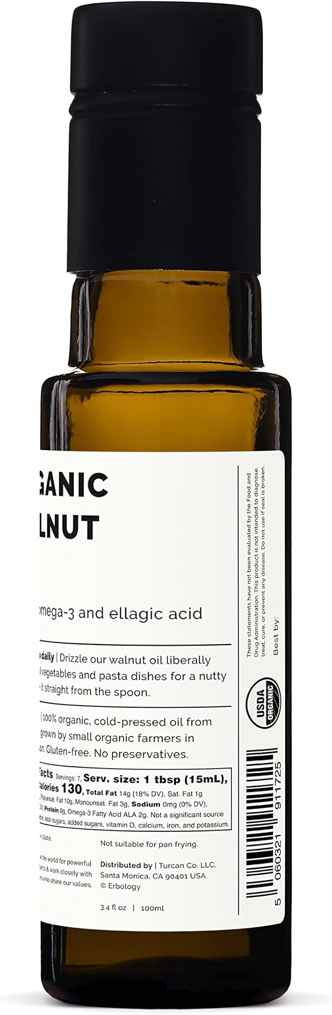Erbology Organic Walnut Oil 3.4 fl oz - Cold-Pressed - Supports Cognitive Health - Straight from