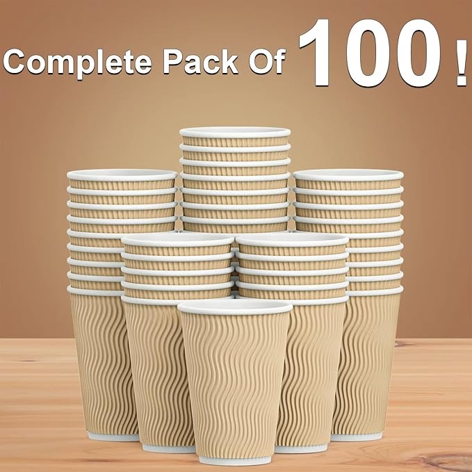 Hot Paper Cups 16 oz Disposable Insulated Corrugated Sleeve Ripple Wall Paper Cup 100 pcs,16oz Cups