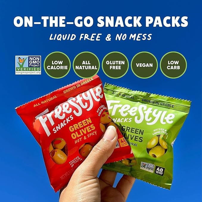 Freestyle Snacks Olive Snack Packs - Single Serve - Fresh Pitted Green Olives, Jumbo-Sized, Grown
