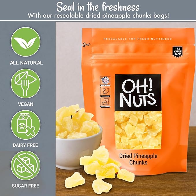 Oh! Nuts Dried Pineapple Chunks - Dried Pineapple - Pineapple Dried Fruit - 1 lb - Dehydrated Fruit
