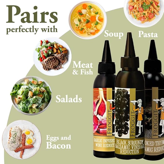 Froggit 3-Piece Garlic Infused Red Wine Vinegar, Burgundy Bliss Balsamic Reduction, Smoked Thyme
