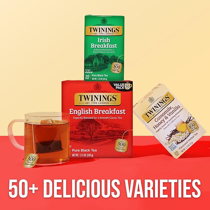 Twinings English Breakfast Black Tea Individually Wrapped Bags, 50 Count (Pack of 6), Flavourful