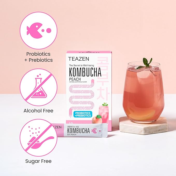 TEAZEN Peach Kombucha Tea, Hydration Drink Mix, Sugar Free, Live Probiotics & Prebiotics, 10