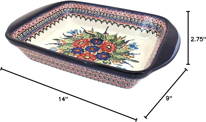 Blue Rose Polish Pottery - Blue Floral Butterfly Large Rectangular Baker with Handles - 9" x 6.5"