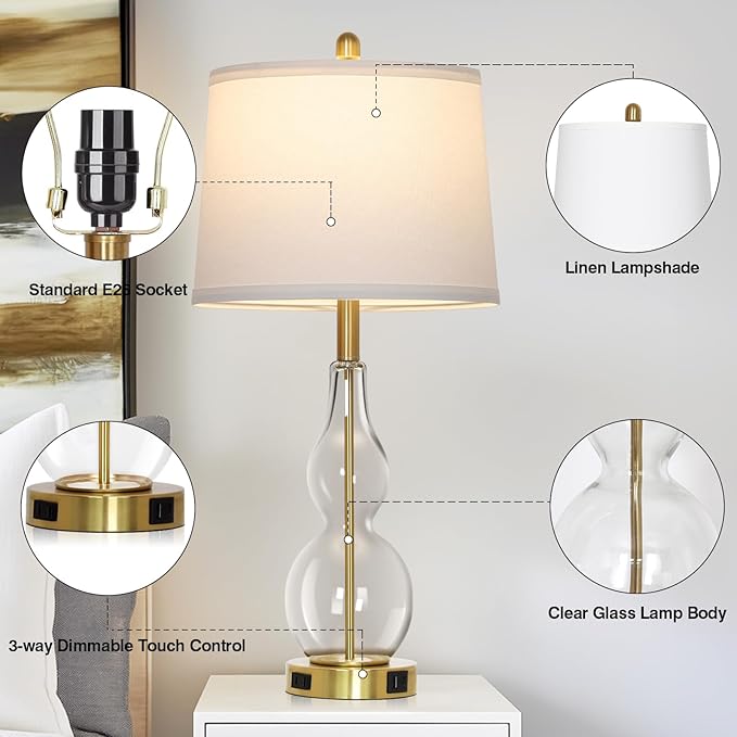 27.5" Clear Glass Table Lamp Set of 2,3-Way Dimmable Touch Control Bedside Lamps with USB Ports and