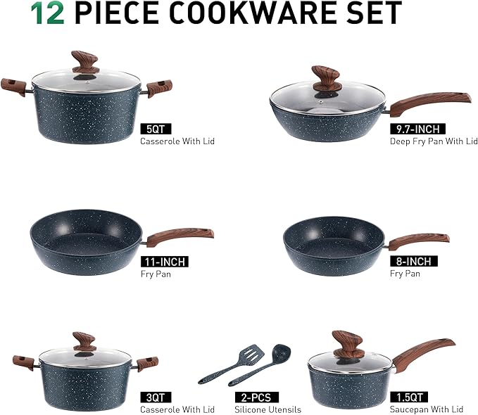 Kitchen Academy Pots and Pans Set Non Stick - 12 Piece Induction Kitchen Cookware Sets, Blue