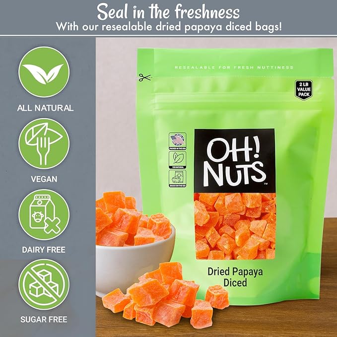 Oh! Nuts Dried Papaya Diced - 2 lb - Dried Fruit Diced - Less Sugar Added - Dehydrated Fruit Bites