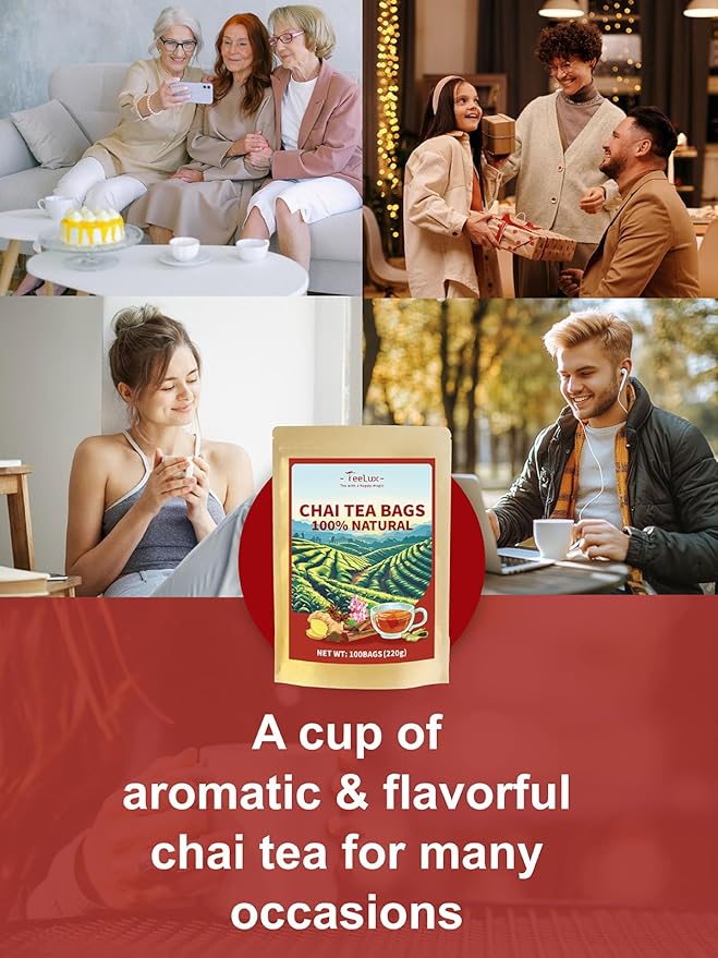 TeeLux Chai Black Tea, Black Tea with Cinnamon, Ginger, Clove & Star Anise, Mellow & Spicy Flavor