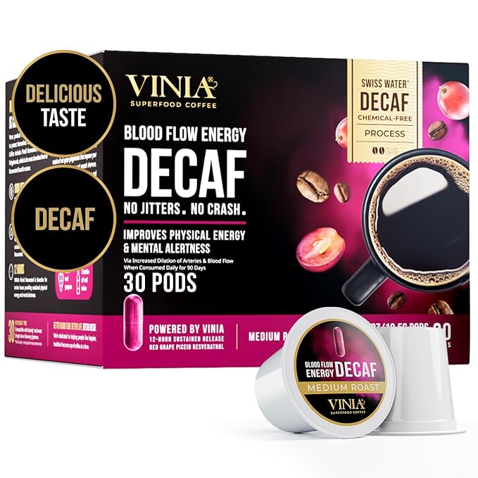 VINIA Blood Flow Energy Coffee DECAF - Medium Roast Superfood Coffee Pods, Swiss Water Process