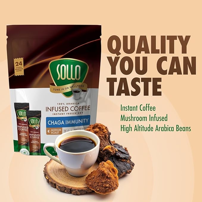 Sollo Infused Instant Chaga Mushroom Coffee Sticks (24 Servings) Memory & Clarity Support, 100%