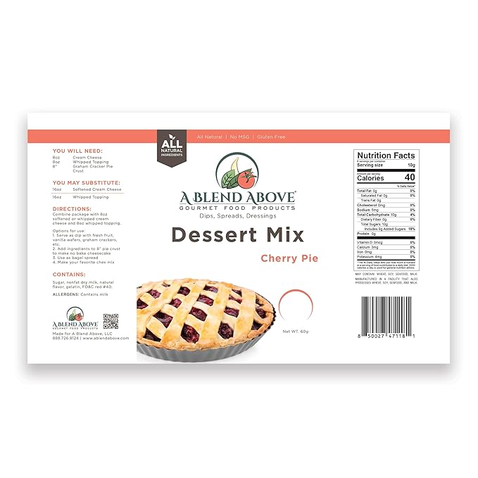 A Blend Above Cherry Pie No Bake Dessert Mix - All Natural, Vegan, Gluten Free, No MSG - Instant