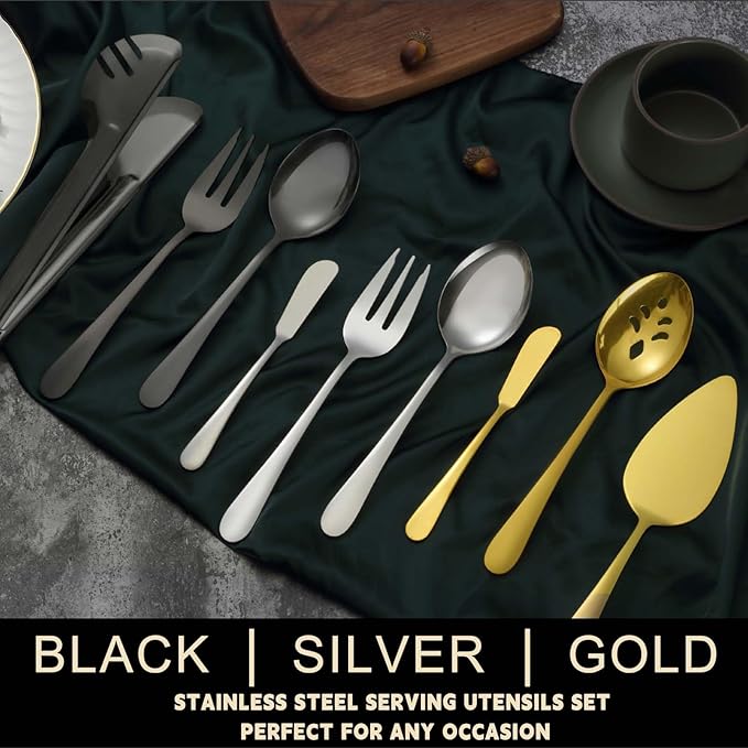 BEWOS Black 20-Piece Serving Set, Black Slotted Spoons & Tongs, Forks, Cake Server & Butter Knife