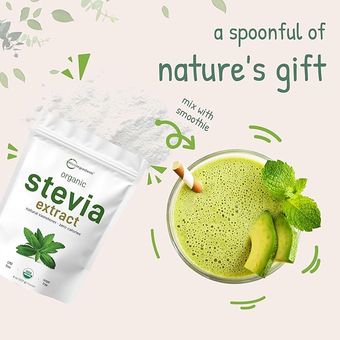 Pure Organic Stevia Powder, 8 Ounces, 1418 Serving, High Grade Stevia Green Leaf Extract Reb-A