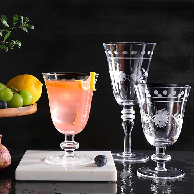 Premium Delight Vintage Wine Glasses Set of 4, 10 oz – Hand-Blown with Etched Stem, Classic
