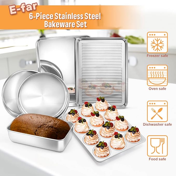 E-far 6-Piece Baking Pans set, Stainless Steel Bakeware Set for Oven, Include 8-Inch Cake