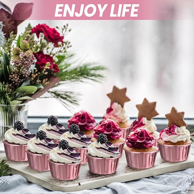 300 Pack Rose Pink Gold Cupcake Cups Bulk Disposable Foil Muffin Liners 3.5 oz Wrappers for Baking