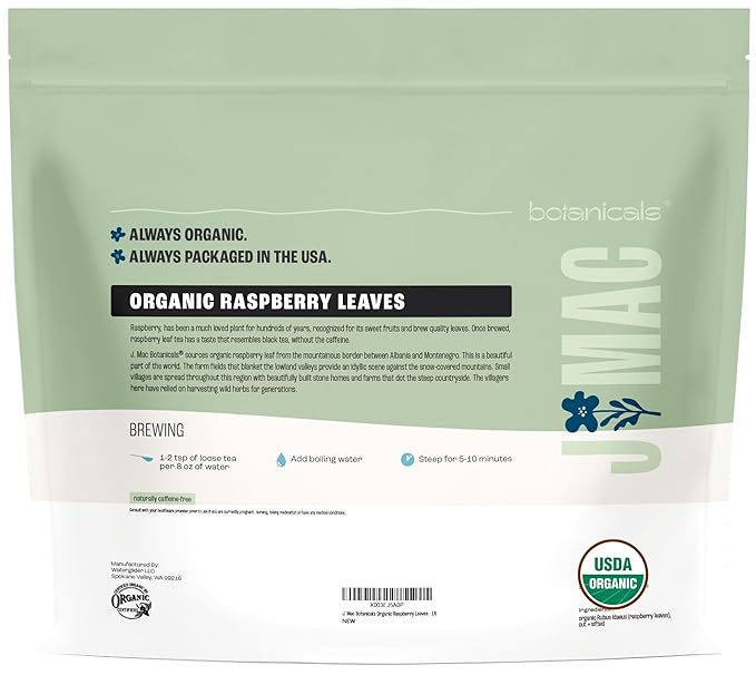 J Mac Botanicals, Organic Red Raspberry Leaf, Herbal tea (16 ounce bag 200+ cups) cut & sifted