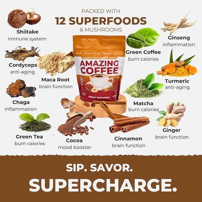 Superfoods Company | Amazing Coffee - Instant French Roast | Adaptogenic Mushrooms, Superfoods