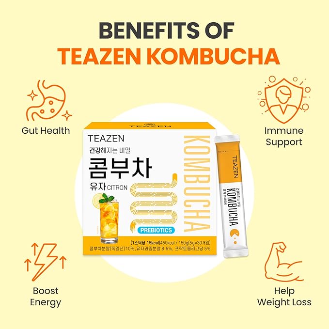 TEAZEN Citron Kombucha Tea, Hydration Drink Mix, Sugar Free, Live Probiotics & Prebiotics, 30