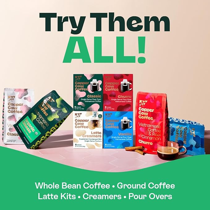 Copper Cow Coffee Pour Over Vietnamese Ground Coffee Pouches + Sweetened Condensed Milk Creamers (8
