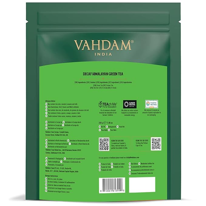 VAHDAM, Decaf Himalayan Green Tea Bags (100 Pyramid Tea Bags) Caffeine Free, Gluten Free | High