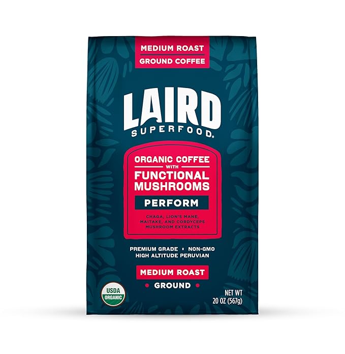 Laird Superfood Peruvian Medium Roast Coffee with Functional Mushrooms, Certified Organic Peruvian