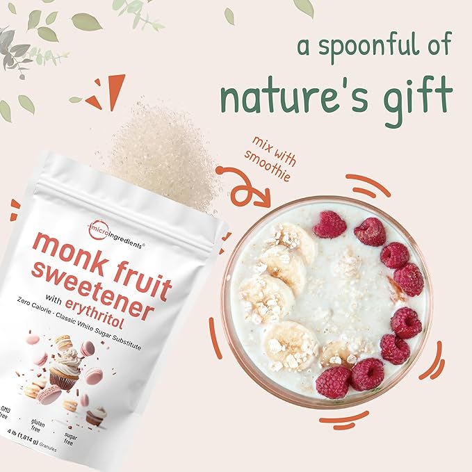 Monk Fruit Sweetener with Erythritol Granules, 4 Pounds, No After Taste, 1:1 White Sugar