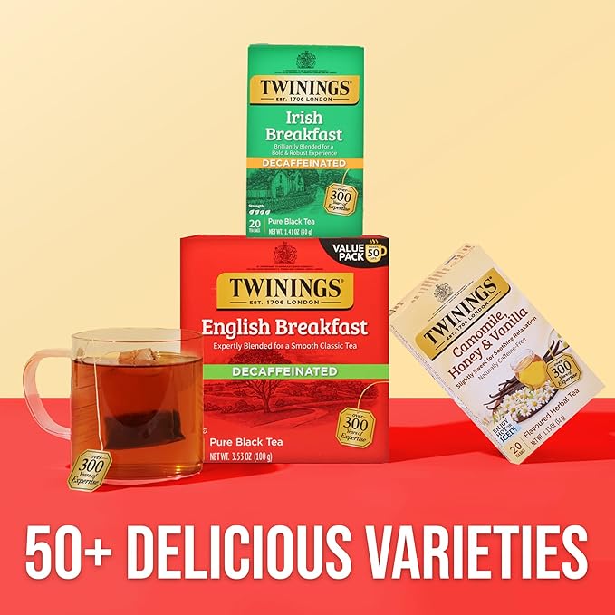 Twinings Decaffeinated Irish Breakfast Black Tea Individually Wrapped Bags, 20 Count (Pack of 6)