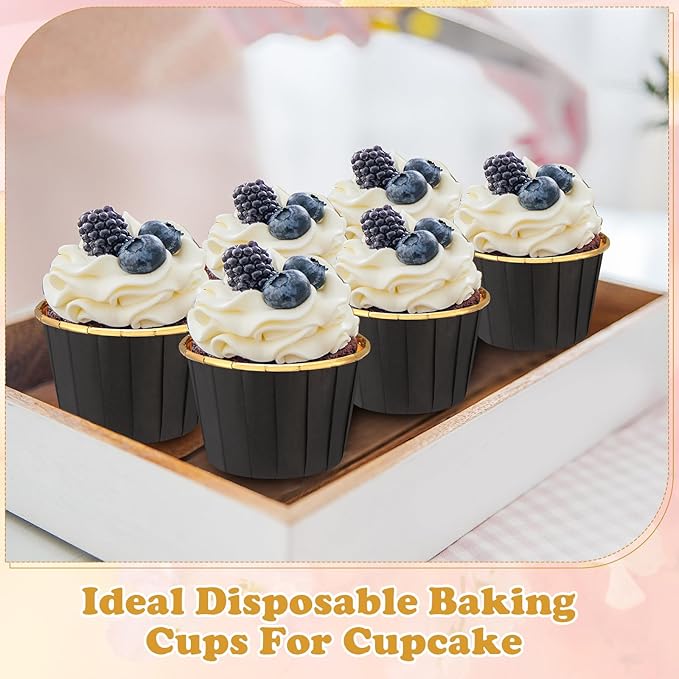 300 Pack Black Gold Cupcake Liners Bulk Disposable Foil Muffin Cups 3.5 oz Wrappers for Baking