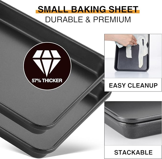 HONGBAKE 2 Pack 9.7X7.5" Toaster Oven Pans for Baking, 57% Thicker Nonstick 1/8 Cookie Sheet Pan