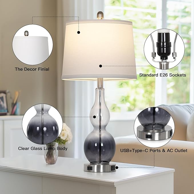 27.5" Gradual Gray Clear Glass Table Lamp Set of 2,3-Way Dimmable Touch Control Bedside Lamps with