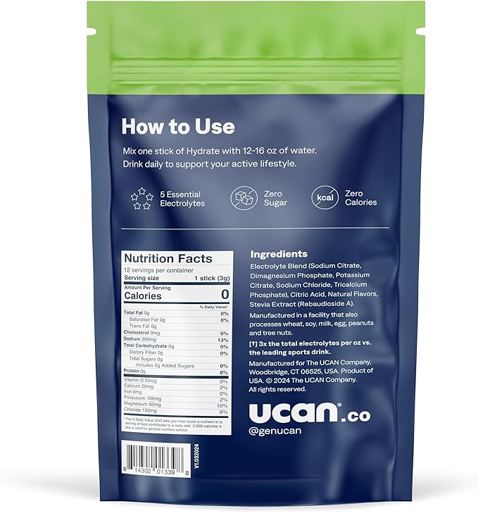 UCAN Hydrate Electrolyte Drink Mix (Lemon-Lime, 12 Stickpacks) Sugar-Free, Keto-Friendly, Vegan
