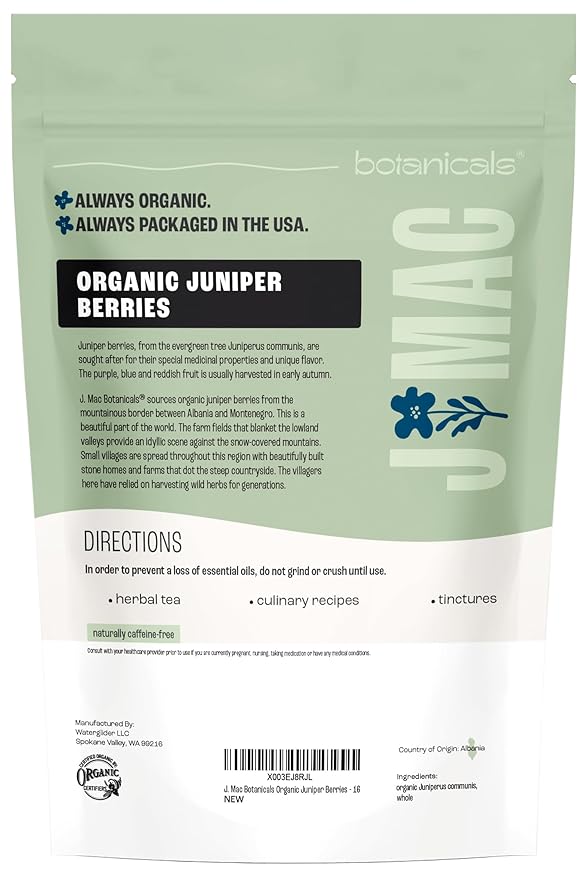 J MAC BOTANICALS, Organic Whole Juniper Berries, Certified USDA Organic, juniper for herbal