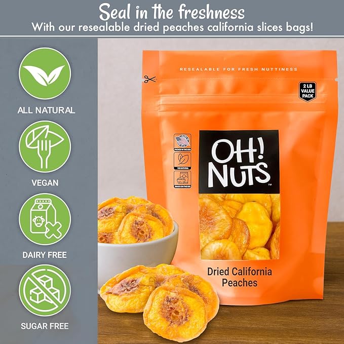 Oh! Nuts Dried Peaches California - 2 LB - Dried Fruit Slices - No Sugar Added - Packed in New York