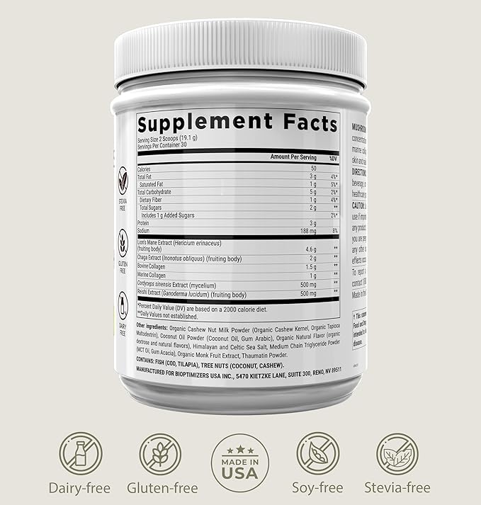 BIOptimizers Mushroom Coffee Alternative ??Salted Caramel Drink ??Lion?™s Mane, Chaga, Reishi +