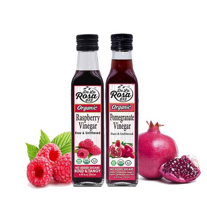 De La Rosa Organic Raspberry & Pomegranate Vinegar, Raw & Unfiltered, Vegan, Gluten Free & Kosher