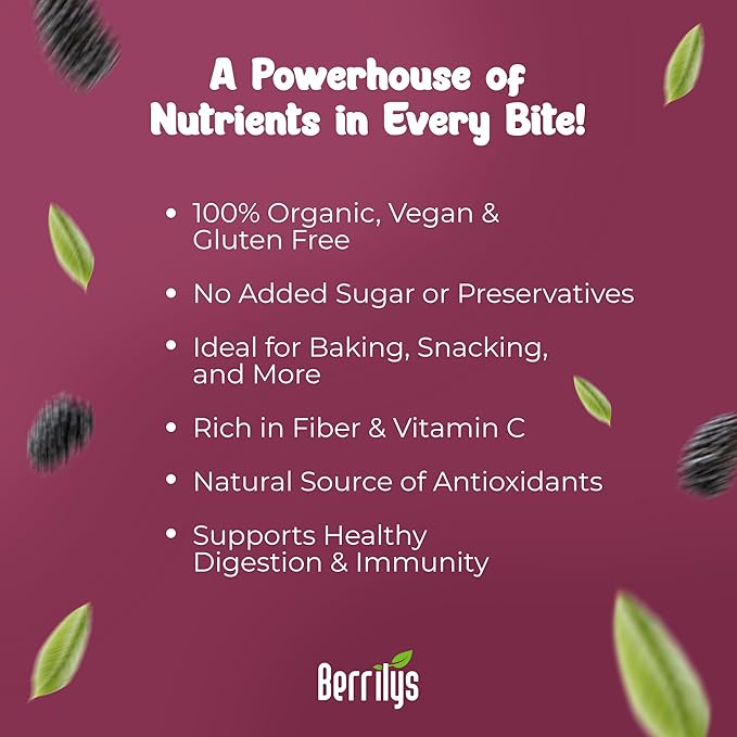 Berrilys Organic Dried Mulberries, Black, Dried Mulberry, Non-GMO, Unsulfured, Raw, 10 oz, Healthy
