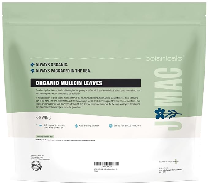 J Mac Botanicals Organic Mullein Leaves (16 oz) Certified USDA Organic. Loose Leaf Mullein Herbal