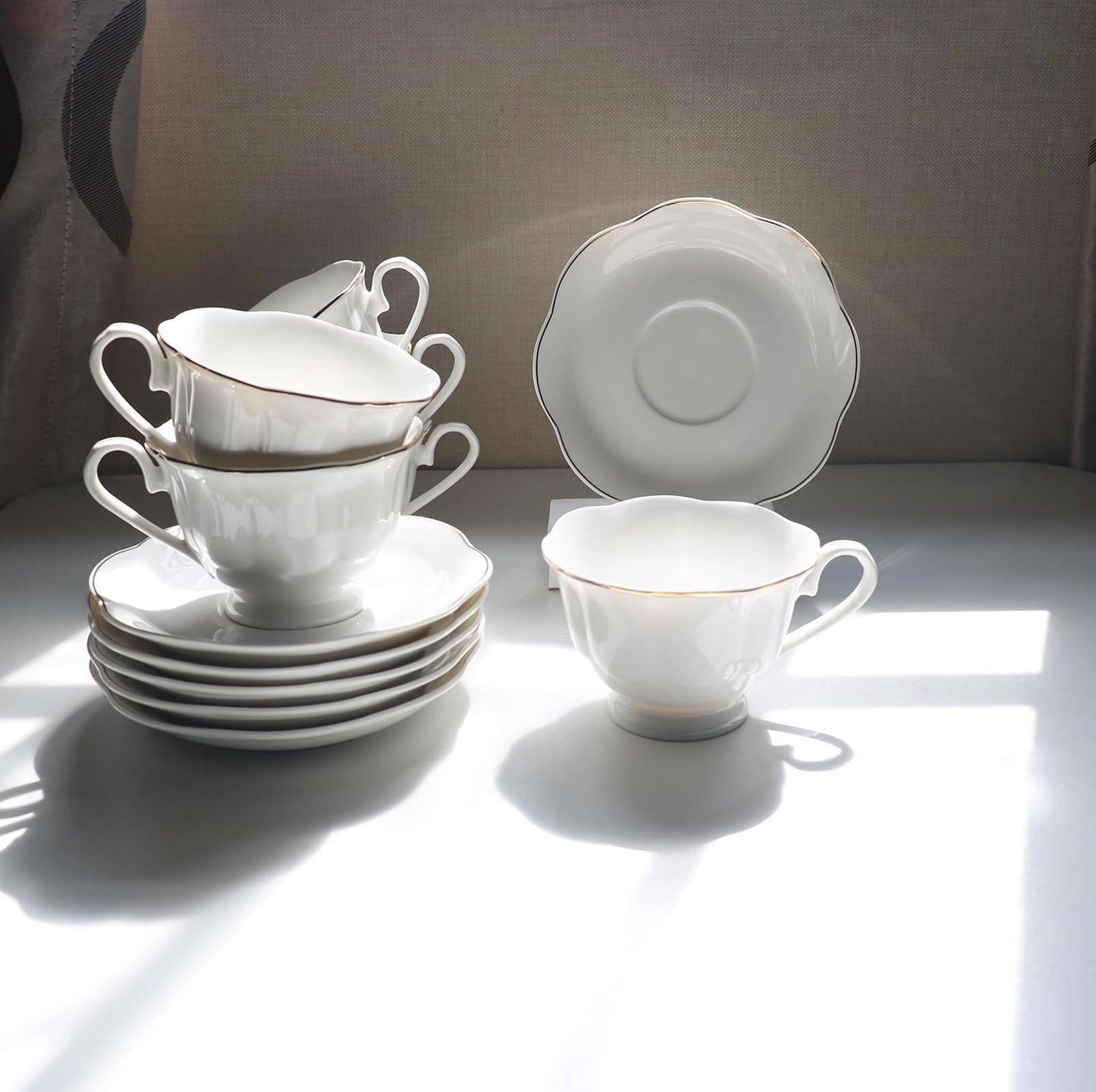 Guangyang 12 Pieces Tea Cup set Fine Porcelain 6oz Cup and Saucer set of 6 for Cappuccino Tea Flat