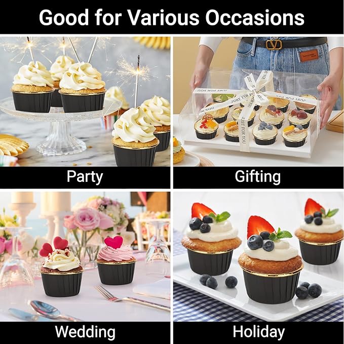 EUSOAR Foil Cupcake Liners, 3.5oz 50pcs Black Gold Disposable Mini Muffin Liners, Individual
