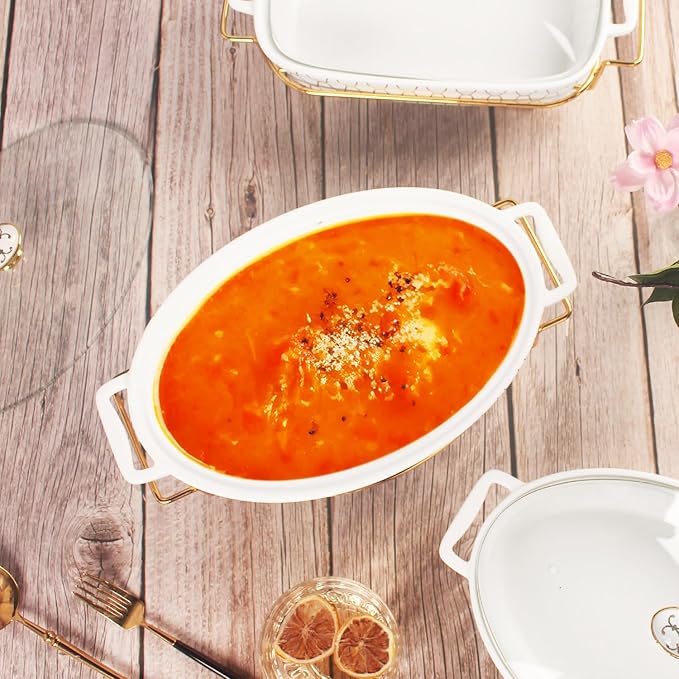 11" x 7.5" Ceramic Oval Casserole Dish with Glass Lid and Gold rack, 40 Ounce Serving Soup