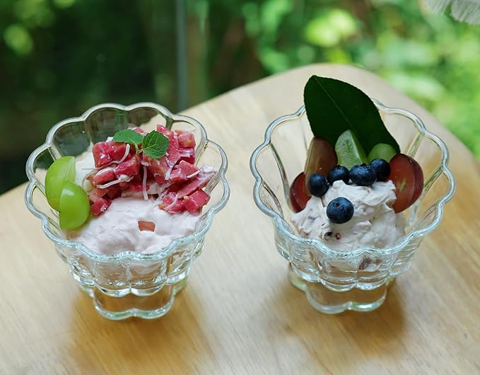 Ice Cream Bowls Drinking Glass Cups Set of 2 (Transparent), Flower Petal Style Glasses, 8.5oz