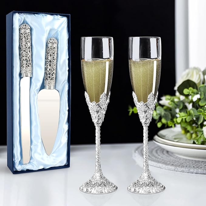 Wedding Silver Cake Knife and Server Set - 2 Pcs Dessert Set Metal Handle with Crystal Stones