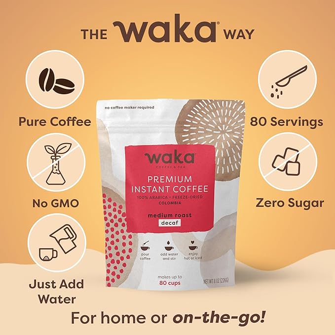 Waka Premium Decaf Instant Coffee Pouch — 100% Colombian Arabica Freeze Dried Beans — For Hot or