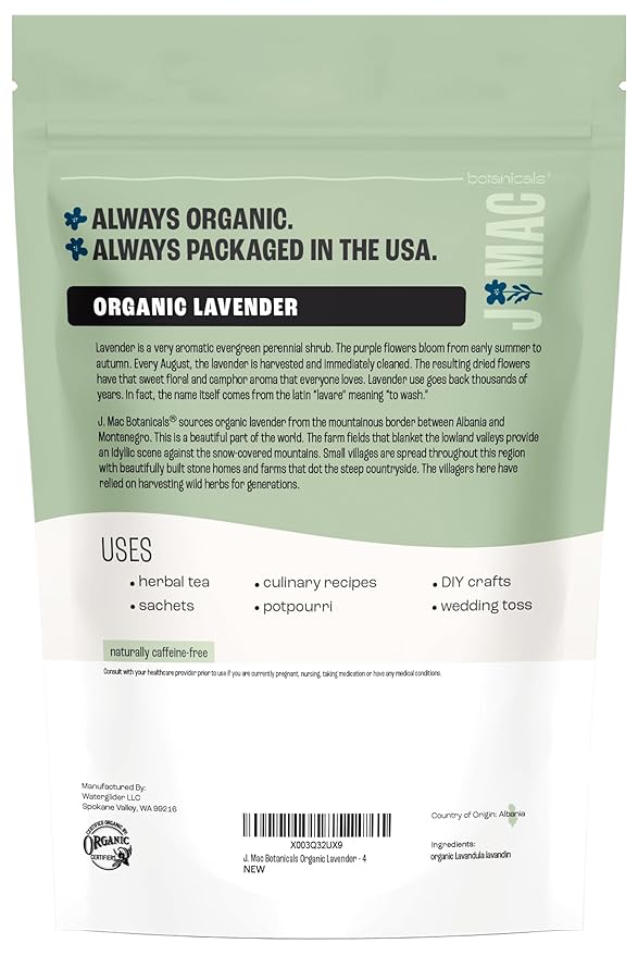 J MAC BOTANICALS, Organic Lavender Flower (4 oz), Dried Lavender Flowers, Buds, Manufactured in The