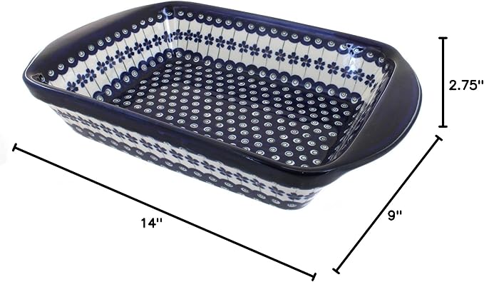 Blue Rose Polish Pottery - Blue Flowering Peacock Rectangular Baker with Handles - 9" x 6.5"