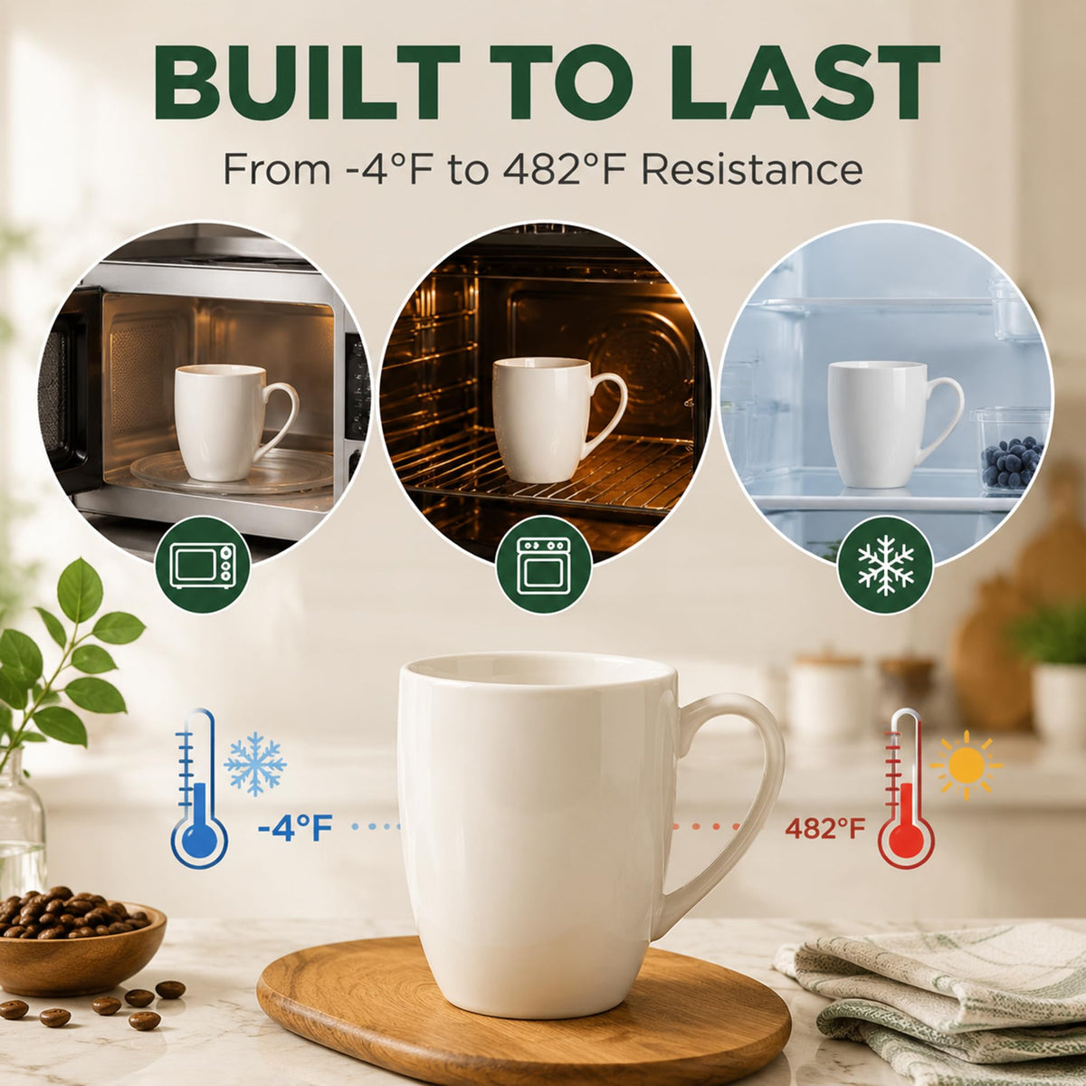 Kurguso White Porcelain Coffee Mugs Set of 6, 13 Ounce Coffee Cups with Handle, Ceramic Tea Mugs