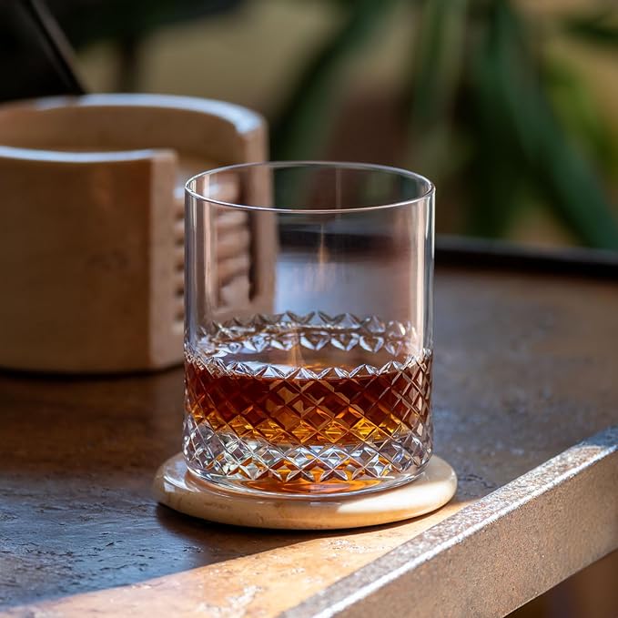 Rolf Glass Diamond On the Rocks Glass | 11oz Luxury Whiskey Glasses | Diamond-Wheel Engraved and