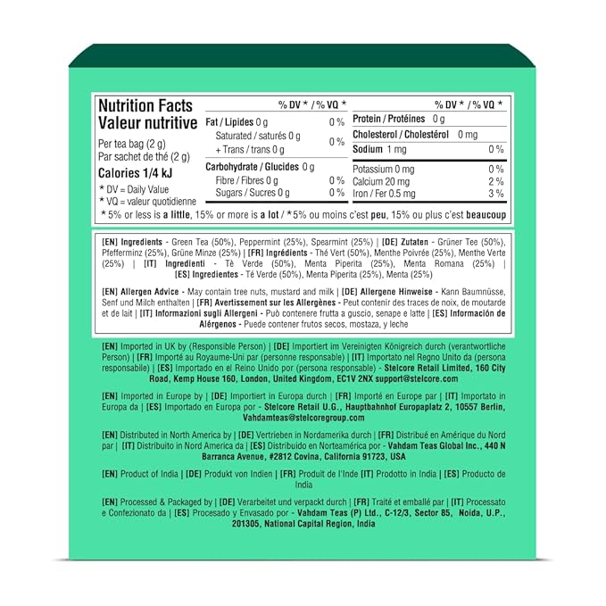 VAHDAM, Mint Green Tea Bags (30 Count) 100% Pure Leaf Tea, High Grown, Low Caffeine, Non GMO